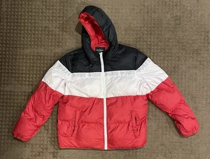 Chaqueta de invierno acolchada con capucha GUESS Color Block para hombre, negra/blanca/roja, talla XXL - Imagen 1 de 7
