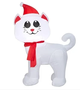 3.5 ' CHRISTMAS KITTY WEARING A SCARF & SANTA HAT CHRISTMAS INFLATABLE DECOR - Picture 1 of 4