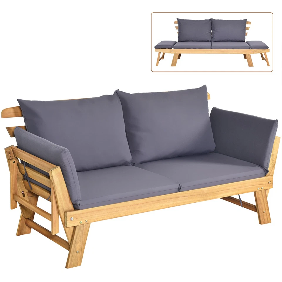 Patio Convertible Daybed Solid Wood Sofa With Cushion
