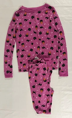 Girls 2 Piece Pajamas Set Size 10 Pink Halloween Sleepwear Black Cat VGUC - Image 1 of 4