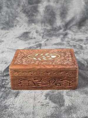 Hand Carved Wooden Jewelry Trinket Box Floral Inlay Hinged Blue Velvet Lined - Image 1 of 4
