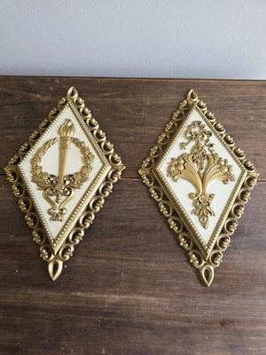  2 件复古 Homco 金色花卉钻石形状壁挂牌匾好莱坞摄政  — 第 1/4 张图片