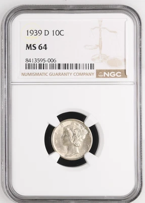 1939-D Mercury Dime – NGC MS-64   – Choice + Mint State! - Image 1 of 2