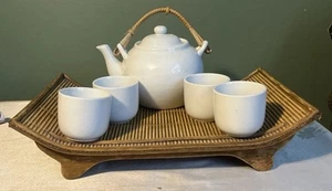 Pier One Imports Teapot and Tea Cup Set With Stand White Bone China - Picture 1 of 3