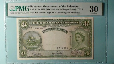 1936 FOUR SHILLINGS PMG VF30 GOVERNMENT OF THE BAHAMAS 4S NOTE BUY IT NOW! - Image 1 of 4
