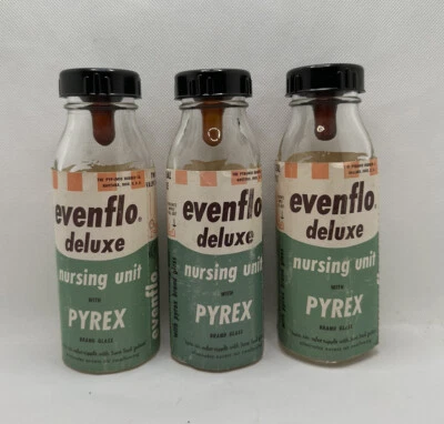 Juego de 3 biberones Pyrex Evenflo de vidrio transparente vintage NOS con etiquetas Foto 1 de 4
