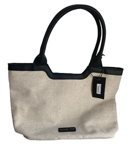 Rachel Zoe NEW $105 11 x 16 Beige Canvas Black Vegan Leather Tote Purse - Picture 1 of 9
