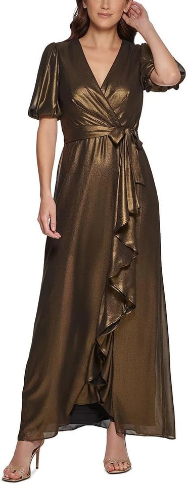 DKNY Women's Foil Chiffon Ruffle Skirt V-Neck Dress Sz 4