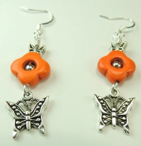 Orange Howlite Earrings Butterflies Handmade Jewelry - Picture 1 of 1