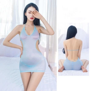 Dress Backless Halter Bodycon Sexy Clubwear Women Mesh Sheer Low Cut Short - Picture 1 of 16