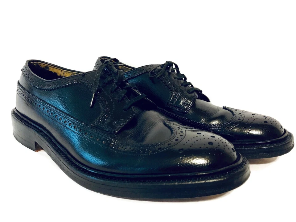 V шип винтажный Wingtip платье туфли мужские 8 D черная кожа винтажный Sears - Изображение 1 из 4