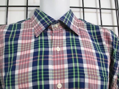 PETER MILLAR==MENS LARGE==NAVY BLUE & PINK PLAID / LONG SLEEVE SHIRT - Image 1 of 4