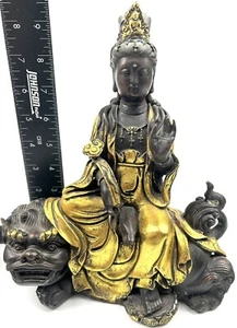 ‼️Chinese Buddhism purple bronze gilt GuanYin goddess On Lion buddha statue - Picture 1 of 14