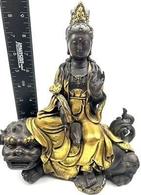 !!️Budismo chino púrpura bronce dorado GuanYin diosa en león estatua de Buda Foto 1 de 4
