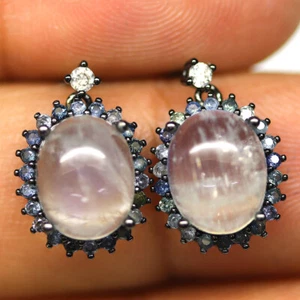 925 Sterling Silver 8 x 10 mm. White Moonstone & Blue Sapphire Earrings - Picture 1 of 4