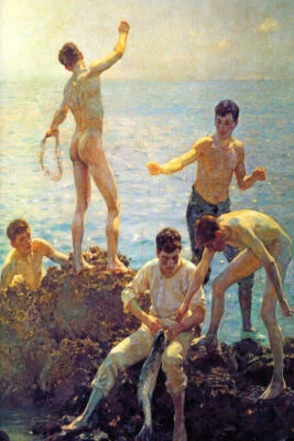 MIDSUMMER MORNING BOYS FISHING SEA 1908 PAINTING BY HENRY SCOTT TUKE REPRO  - Image 1 of 3