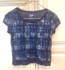 Justice Girls Top sz 12 Navy Lace Plaid Shirt Clothes EUC - Picture 1 of 1