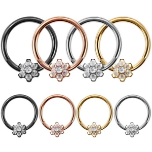 Zircon Flower Nose Ring Hinged Segment Clicker Hoop Ear Tragus Piercing Jewelry - Picture 1 of 8