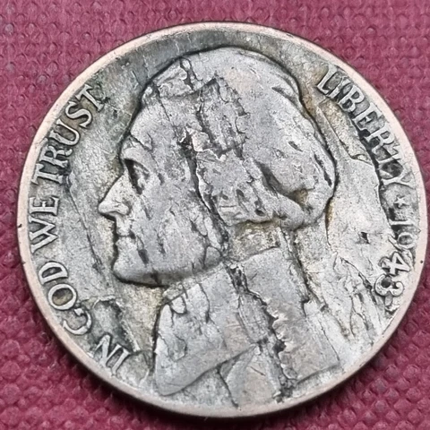 1943 P Jefferson War Nickel 5c Major Lamination ERROR Circulated #60604 Cover