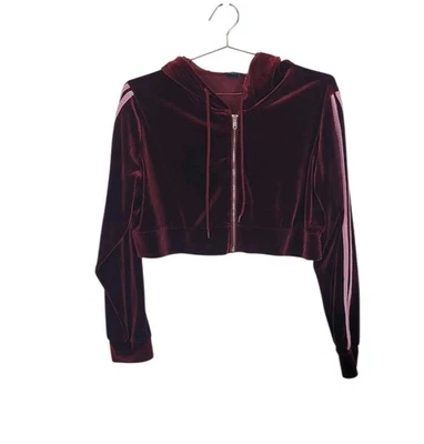 Sudadera con capucha recortada de terciopelo a rayas rosa borgoña RUE 21 L de segunda mano para mujer Foto 1 de 4