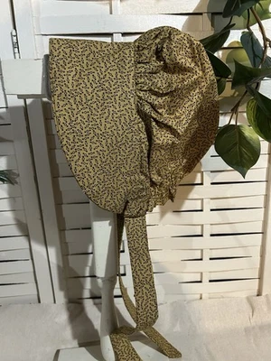 Primitive Prairie Child Bonnet Tea Stain Mustard Cotton Print - Image 1 of 2