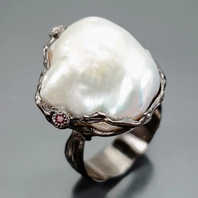 Handmade Natural Baroque Pearl Ring 925 Sterling Silver Size 7.5 /R417149 - Image 1 of 4