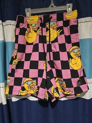 Pink Checkerboard Duck Patterned Swim Trunks with Elastic Waist Small - Image 1 of 2