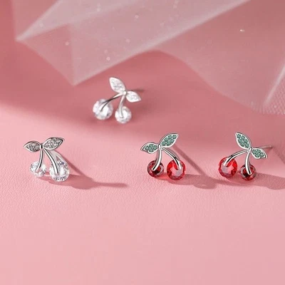 925 Sterling Silver Cute Fruit Cherry CZ Crystal Stud Earrings Women Girl Gift - Image 1 of 4