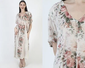 Vintage Sheer Floral Grunge Dress 90s Rose Print Gypsy Goth Oversized Sundress - Picture 1 of 7