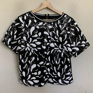 Katia Top Black White Sequin Front Back Pullover Short Sleeve Zip (4 Sizes) NEW - Picture 1 of 14