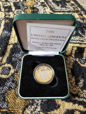 United Kingdom 2 Pounds 2001 Silver Proof - Case & COA - Marconi Tariff Incl - Image 1 of 4