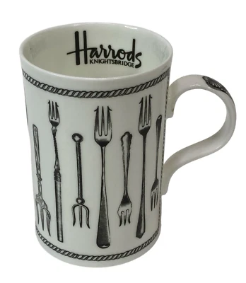 Taza de té de café Harrods Knightsbridge de colección blanco negro tenedores archivos hueso fino Foto 1 de 4