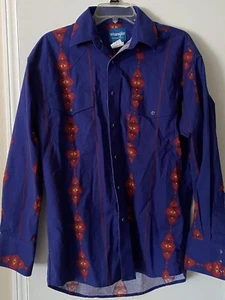 VINTAGE Wrangler Western Camicia Uomo Rosso Medio Azteco Pennello Popper Perla Snap - Foto 1 di 5