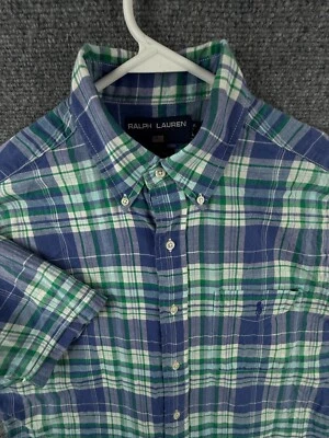 Ralph Lauren Sport индийский Мадрас короткий рукав клетку пуговицы сплетенный зеленый синий M - Изображение 1 из 4