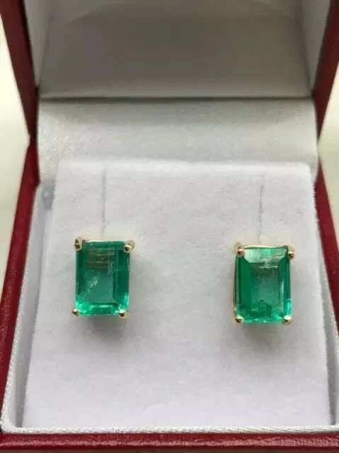1.00 Natural Green Emerald Solid 14k Yellow Gold Women's Stud Earrings - Image 1 of 4