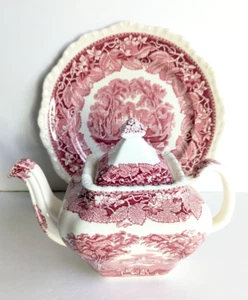 Tetera y tapa de transferencia rosa Mason's Vista Inglaterra vintage + plato de cena de 10 5/8" - Imagen 1 de 20