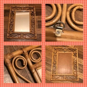 Vintage Bambus Wandspiegel rechteckig verziert Boho Inneneinrichtung - Bild 1 von 12