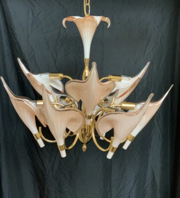 MURANO Two-tier Italian Art Nouveau Calla Lily Brass Chandelier Franco Luce - Image 1 of 4