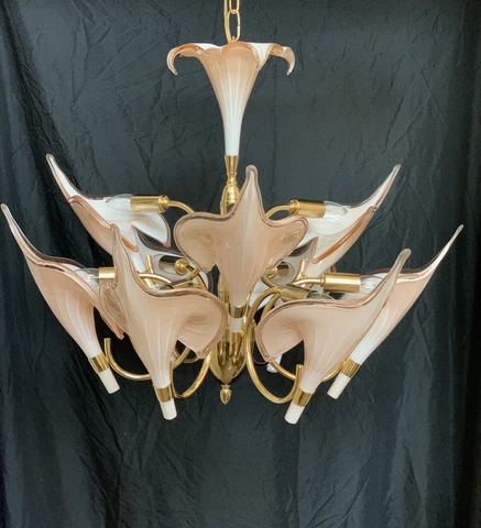 MURANO Two-tier Italian Art Nouveau Calla Lily Brass Chandelier Franco Luce Cover