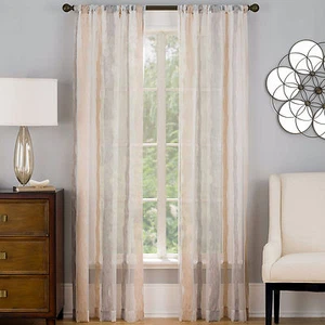 Barrington 108-Inch Window Curtain Panel in Sheer Burnout Stripes Tan Taupe Gray - Picture 1 of 8