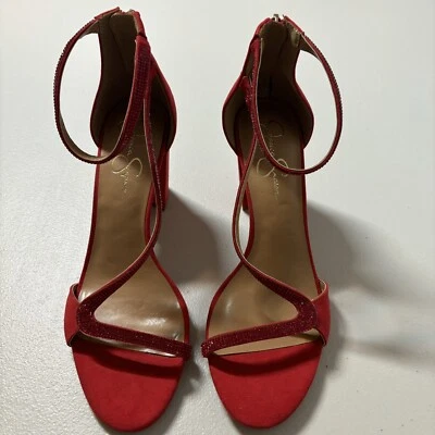 Sandalias Jessica Simpson rojas de gamuza tacón bloque correa lentejuelas cremallera trasera talla 10 Foto 1 de 4
