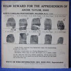 Affiche originale 1932 NC Reward Wanted - Archie Taylor d'Ellensboro, Caroline du Nord