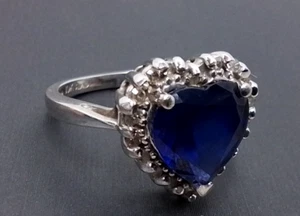 Diamond 10K White Gold Heart Shaped Ring Blue Synthetic Stone - Size 6.5 - 4.1G - Picture 1 of 8