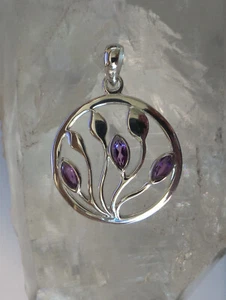 Solid 925 Sterling Silver High Quality Botanical Design Triple Gemstone Pendant - Picture 1 of 15