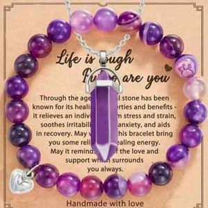 New 2pcs set Amethyst Hexagonal Column Necklace and Purple Stripe Agate Bracelet - Picture 1 of 2