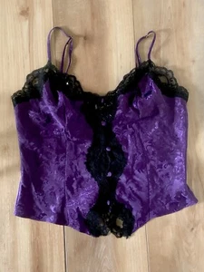 Canotta Victoria's Secret etichetta oro floreale viola pizzo raso bottoni taglia S - Foto 1 di 9
