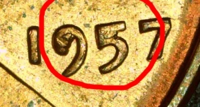 1957 RED Lincoln Wheat Penny - Obverse Die Chips on Date - RED - Image 1 of 4
