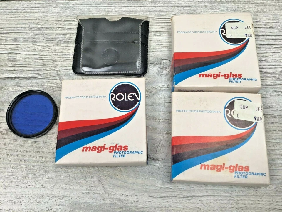 3 New Old Stock Rolev Magi-glas Camera Lens Blue Polarizing Filters 49mm 80A - Image 1 of 4