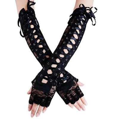 Women's Sexy Elbow Length Fingerless Lace Up Arm Warmer Black Long Lace Gloves - Image 1 of 4