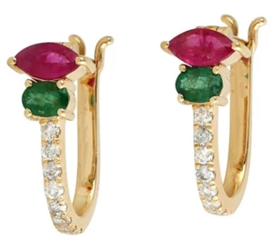 0.40ct Natural round diamond 14K BIS Hallmarked yellow gold emerald ruby Earring - Picture 1 of 4